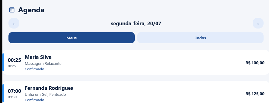 Agenda do dia no aplicativo do profissional