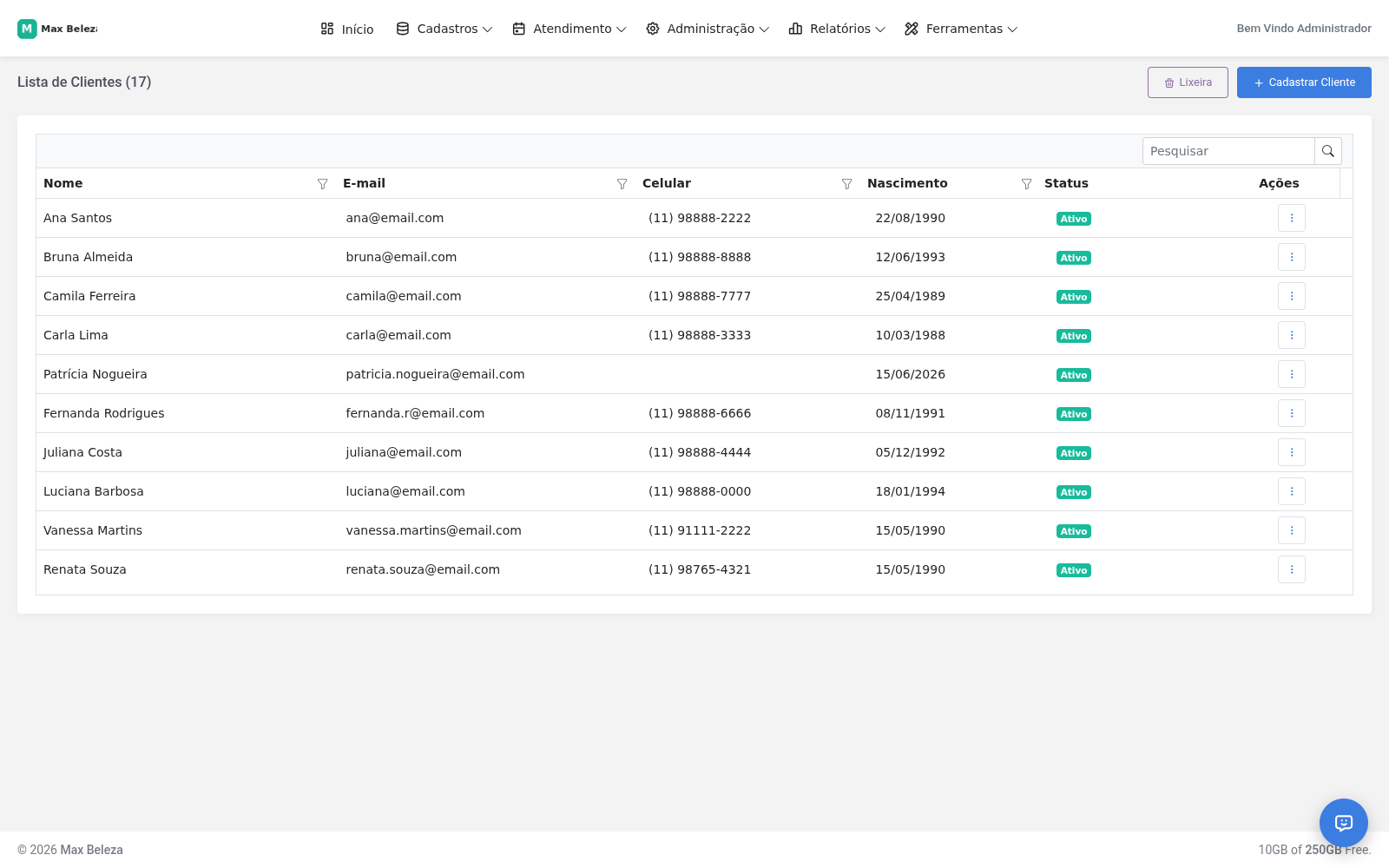 Lista e cadastro de clientes